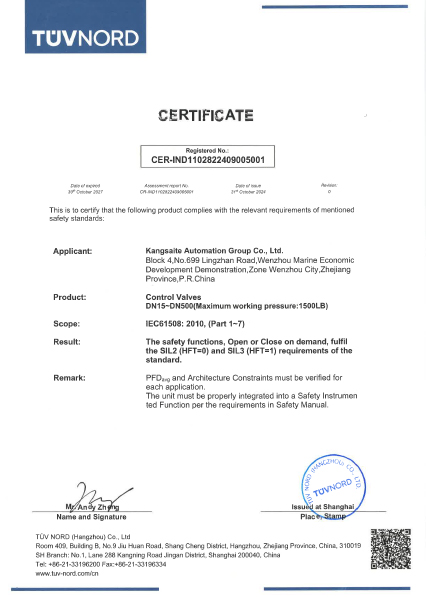TUV Conset CER-SIL certified control valve