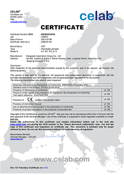 CE certificate of KST pneumatic actuator
