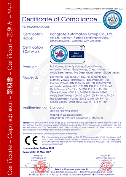 CE certificate for valves