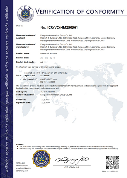 CE certification for pneumatic actuator